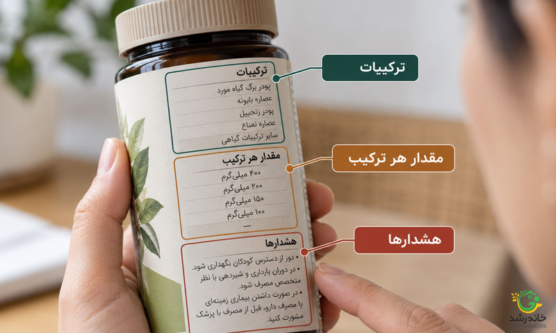 بررسی فهرست ترکیبات و هشدارهای روی برچسب یک فرآورده گیاهی